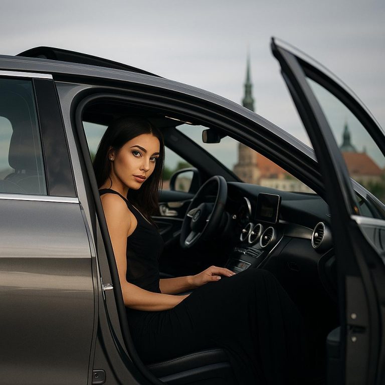 Женщина и роскошный седан в Риге