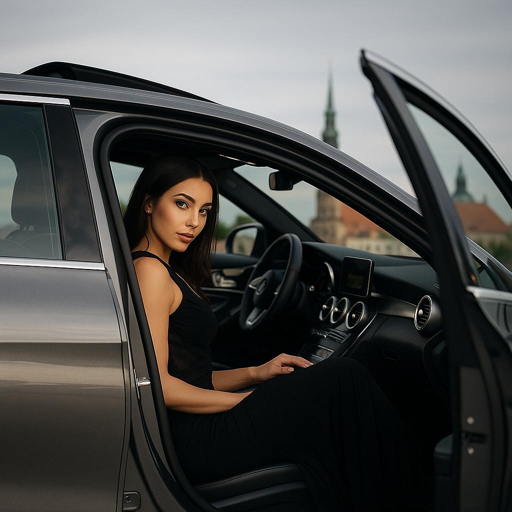Женщина и роскошный седан в Риге