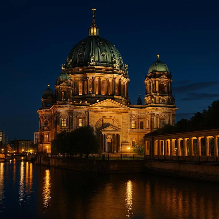Berlin Cathedral at night, illuminated with warm golden lights, showcasing detailed architecture and reflections on calm water, soft deep blue sky with stars, realistic style, peaceful and majestic atmosphere, high resol